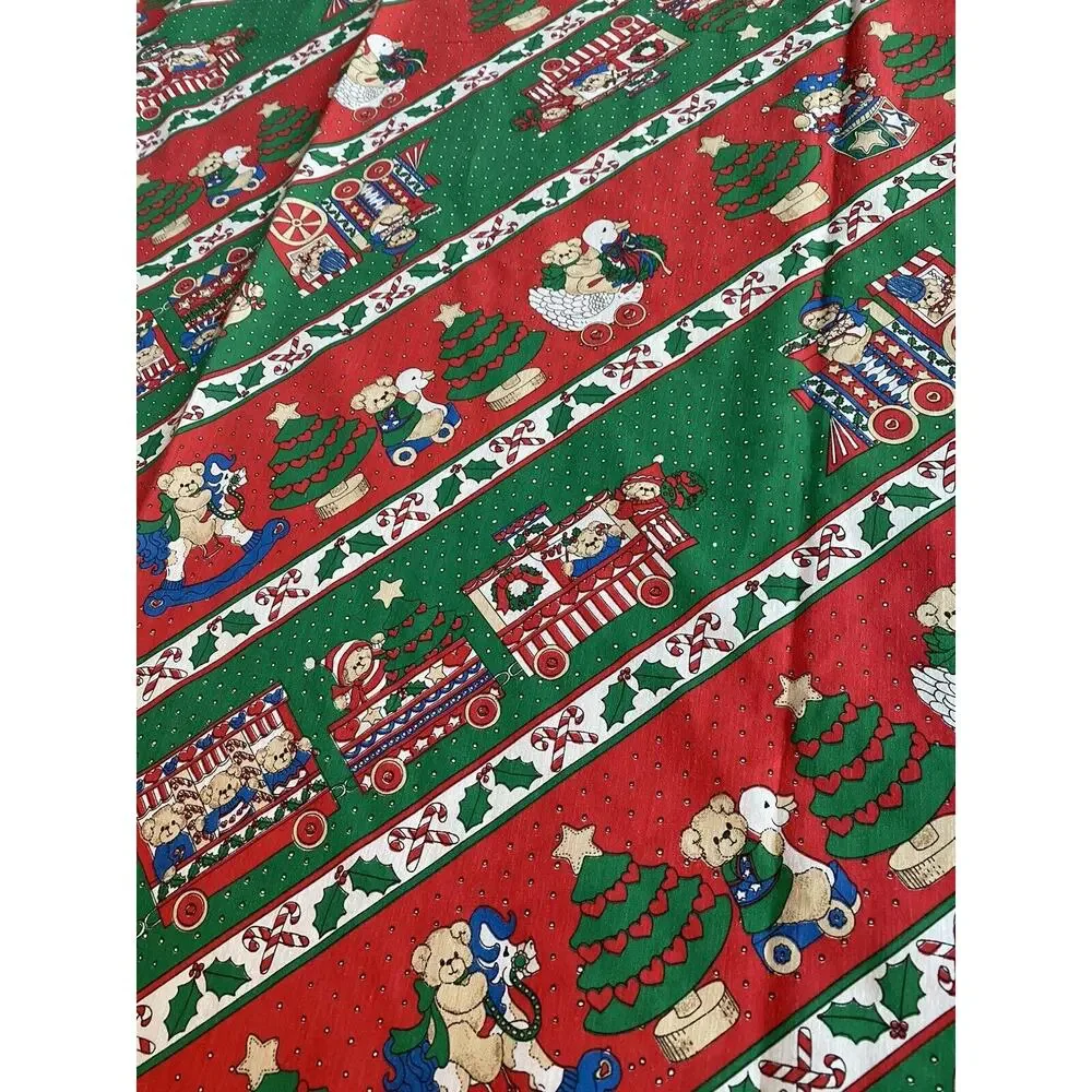 Vintage Christmas Tablecloth Red Green Bears Train